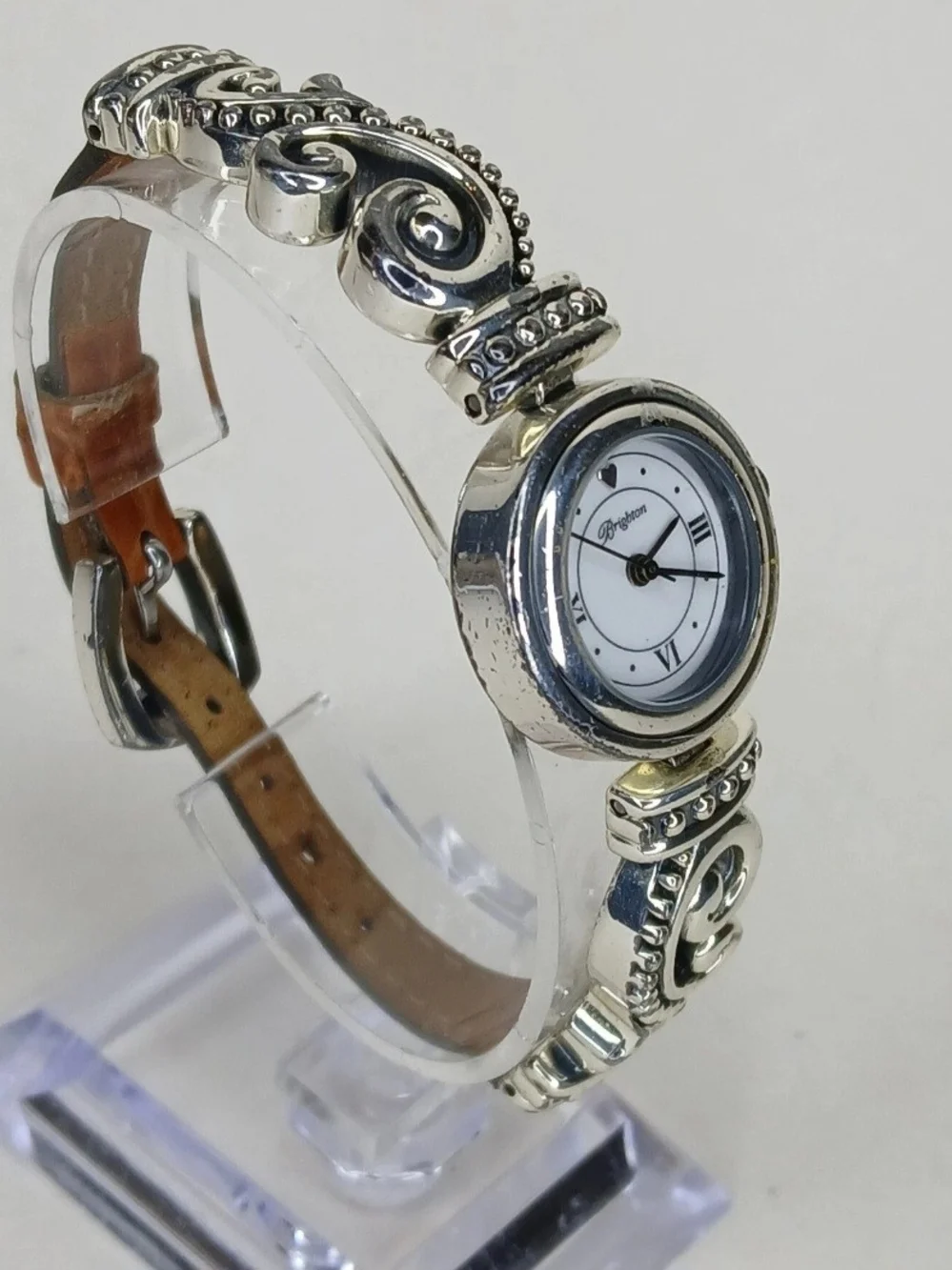 Brighton Bordeaux Ladies Watch Silver Tone Swirl Brown Leather Strap Quartz